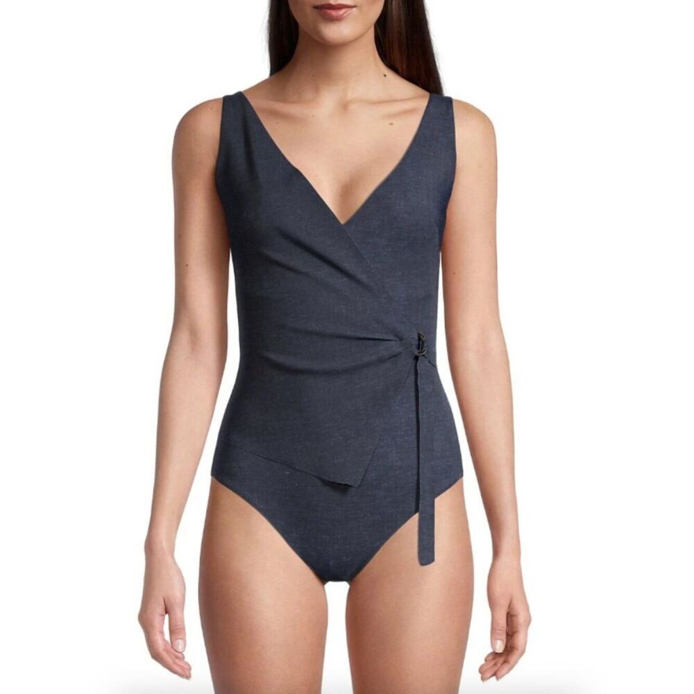 Chiara Boni Agnessa La Petite Robe Wrap Blue Denim One-Piece Swimsuit IT48 US 12